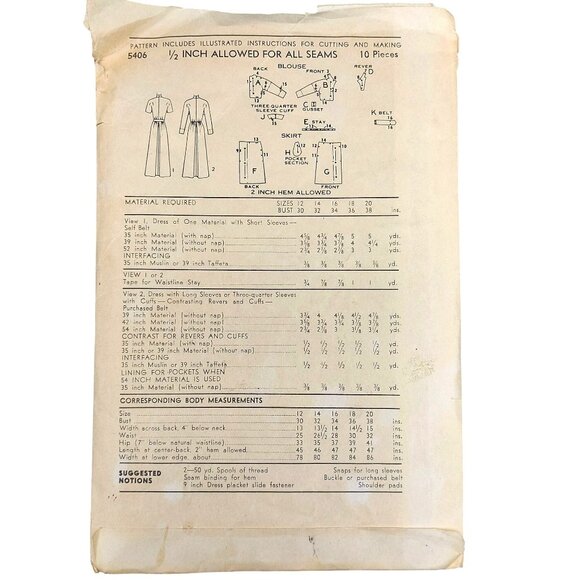 Vintage 1950s Advance 5406 Sewing Pattern Dress With Short Sleeves & Collar Size - Picture 2 of 4
